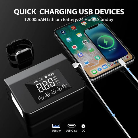 Portable charger with digital display, charging phone and smartwatch, 12000mAh battery, USB and Type C ports visible.