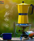 Bold Yellow Stovetop Moka Pot Espresso Maker 300 Ml Cup for Home Barista Quality Coffee Percolator Durable Aluminum with Heat Resistant Handle for Rich Cafe Style Espresso at Home on a camping stove