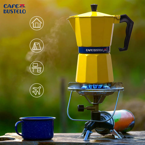 Bold Yellow Stovetop Moka Pot Espresso Maker 300 Ml Cup for Home Barista Quality Coffee Percolator Durable Aluminum with Heat Resistant Handle for Rich Cafe Style Espresso at Home on a camping stove