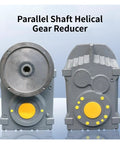 Beefed Up Workhorse Parallel Shaft Helical Gear Reducer With 1 To 3 And 1 To 500 Reduction Range, Dead Quiet Smooth High Torque Output, Horizontal Or Vertical Mounting, Multi Voltage 12V 24V 110V 220V 380V For Industrial Drives. Gray gear reducer shown front view