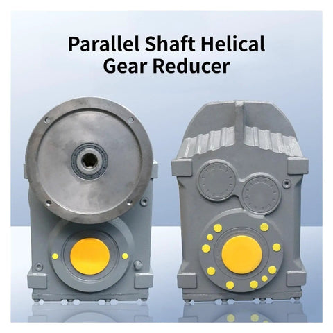 Beefed Up Workhorse Parallel Shaft Helical Gear Reducer With 1 To 3 And 1 To 500 Reduction Range, Dead Quiet Smooth High Torque Output, Horizontal Or Vertical Mounting, Multi Voltage 12V 24V 110V 220V 380V For Industrial Drives. Gray gear reducer shown front view