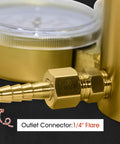 Brass high-pressure nitrogen regulator with 1/4 inch flare outlet; close-up of connector and hex body.