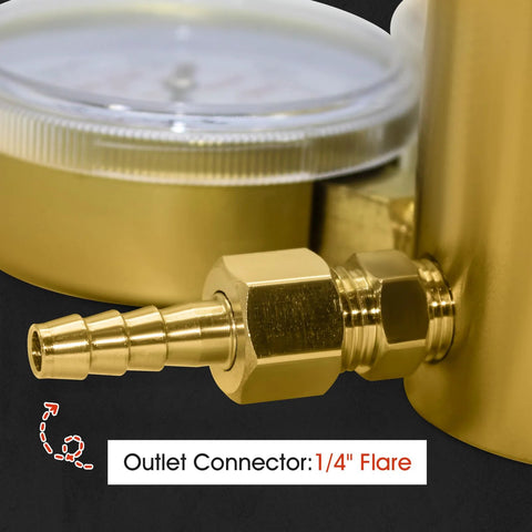Brass high-pressure nitrogen regulator with 1/4 inch flare outlet; close-up of connector and hex body.