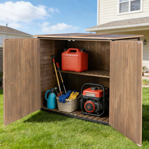 Outdoor Storage Shed With Sturdy Metal Frame And Wood Panels Weatherproof Trash Can Shed With Adjustable Shelves And Removable Floor