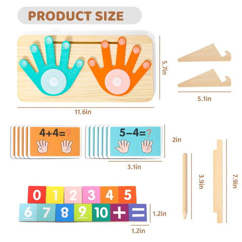 Straight Up Toddler Math Learning Kit With Solid Wooden Number Blocks, Double Sided Flashcards And Number Tracing Board For Ages Two To Five size dimensions and components displayed.