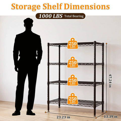 Built Like A Brick 4 Tier Wire Shelving Unit With Locking Heavy Duty Casters And Adjustable Metal Shelves Beast Mode 1000 Pound Capacity Storage Rack For Garage Shop Warehouse dimensions display with shelf weight labels.