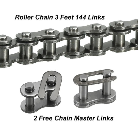 One Quarter Inch Pitch Roller Chain, Three Feet Long, 144 Links, Carbon Steel With Two Free Master Links for Mini Bikes