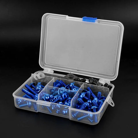 Aluminum Motorcycle Fairing Screw Kit With 177 Pieces M5 And M6 Bolts And M6 Washer Set in an open plastic organizer box