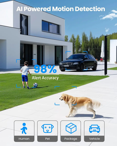 AI Powered motion detection showcasing human, pet, package, and vehicle recognition with Solar Powered Wireless Outdoor Security Cameras Two Pack.