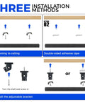 Installation methods for Blacklight Strip Lights 10W 1ft USB Black Light Bar, showing ceiling mount, double tape, bracket use.