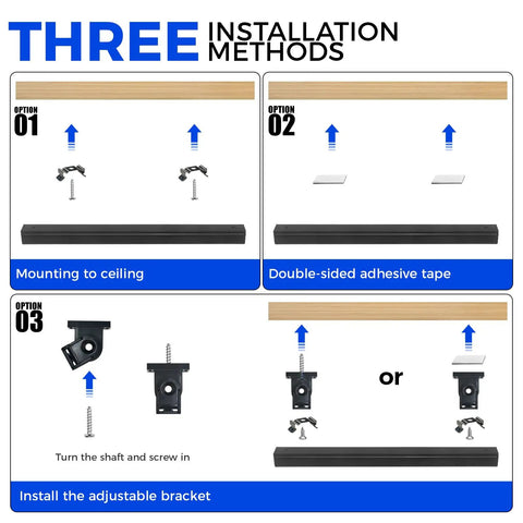 Installation methods for Blacklight Strip Lights 10W 1ft USB Black Light Bar, showing ceiling mount, double tape, bracket use.