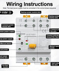Wiring diagram for Automatic Manual Dual Power Transfer Switch For 4 Pole 63 Amp 110 Volt Systems With Ultra Fast Switching Under 50 Milliseconds Keeps Critical Gear Online And Data Safe For Your Backup Power, DIN rail mount