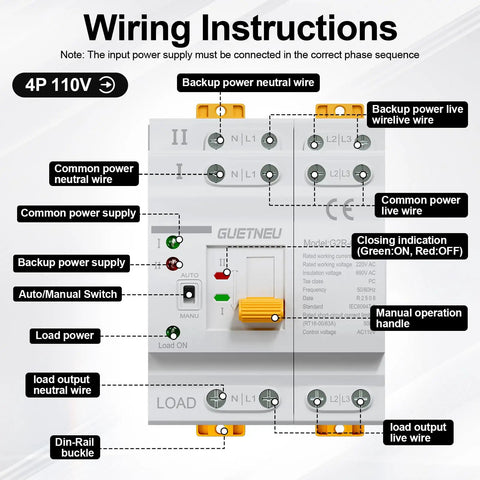 Wiring diagram for Automatic Manual Dual Power Transfer Switch For 4 Pole 63 Amp 110 Volt Systems With Ultra Fast Switching Under 50 Milliseconds Keeps Critical Gear Online And Data Safe For Your Backup Power, DIN rail mount