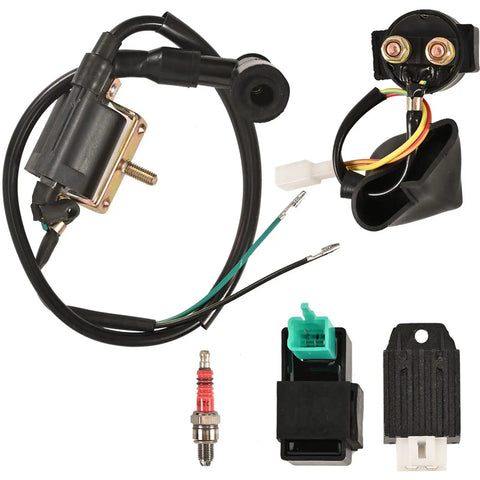 All In One ATV Wiring Harness Kit With Solenoid Relay Regulator CDI Spark Plug Coil For 4 Stroke 50cc 70cc 90cc 110cc 125cc Dirt Pit Bike Quad Buggy And Electric Start Engine