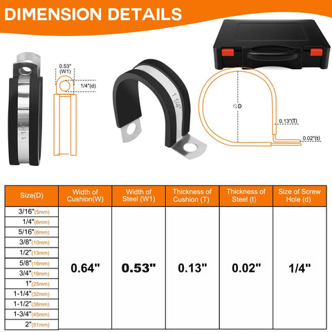 130Pcs Cable Clamp Kit With 12 Sizes In 304 Stainless Steel And Rubber Cushions, dimension details with case