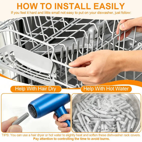 150 Pcs Dishwasher Rack Prong Repair Caps Anti Slip End Tips For Tines installation guide with hair dryer and hot water method