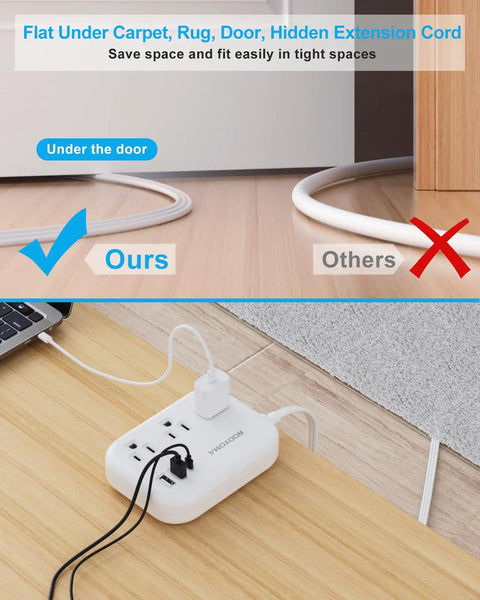 Ultra Thin Flat Extension Cord Five Feet For Behind Furniture And Under Rugs Low Profile Power Strip with Three USB Ports and 1080 Joules Protection under door setup
