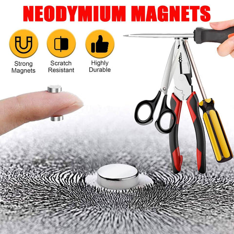 Neodymium magnets shown with tools, highlighting strong magnetic properties and durability.