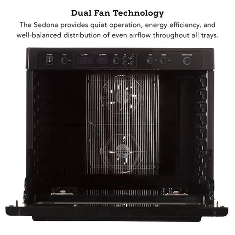 No Sweat Electric Food Dehydrator With Digital Temperature Control And Smart Timer showing dual fans and digital controls for efficient drying.