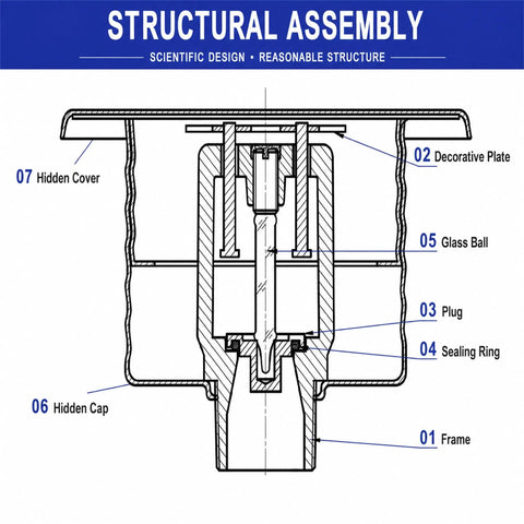 Diagram showing structural assembly of concealed pendent fire sprinkler head, featuring glass bulb, cover plate, and frame.