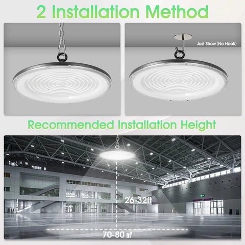 UFO High Bay LED Light 500W 50000LM Daylight 6000K 6500K IP65 Waterproof installation method and height guide