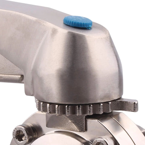 Close-up of 1.5-inch stainless steel tri-clamp butterfly valve with blue top knob
