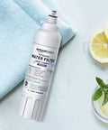 LG LT800P Refrigerator Water Filter Cartridge Replacement on countertop with lemons and mint, easy install, reduces chlorine, NSF certified.