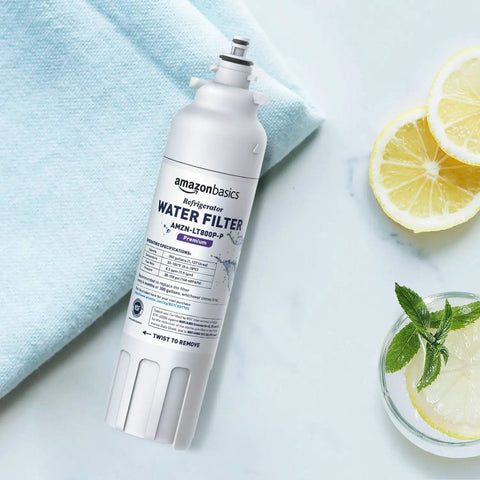 LG LT800P Refrigerator Water Filter Cartridge Replacement on countertop with lemons and mint, easy install, reduces chlorine, NSF certified.