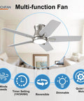 42 Inch Ceiling Fan With Lights And Remote Brushed Nickel Flush Mount Low Profile Ceiling Fan for living room, showing 6 speeds and dimmable features.