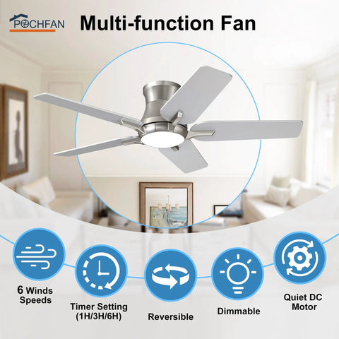 42 Inch Ceiling Fan With Lights And Remote Brushed Nickel Flush Mount Low Profile Ceiling Fan for living room, showing 6 speeds and dimmable features.