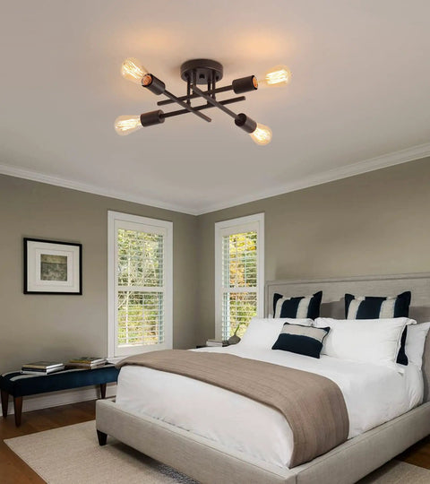 Bedroom with Four Light Black Semi Flush Mount Ceiling Light With Industrial Mid Century Vibe For Hallway Bathroom Bedroom Kitchen Dining Room Porch And Laundry UL Listed