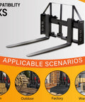 Premium Heavy Duty 45 Inch Tractor Pallet Forks with 50 Inch Forklift Blades for farm, factory, outdoor use in construction.