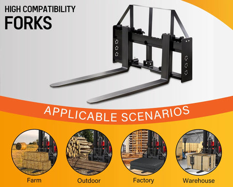 Premium Heavy Duty 45 Inch Tractor Pallet Forks with 50 Inch Forklift Blades for farm, factory, outdoor use in construction.