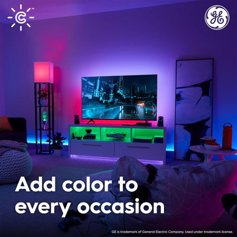 Smart LED Light Bulbs ST19 Edison Style Color Changing WiFi Bulbs 60W Equivalent in a vibrant living room with TV and colorful shelves.