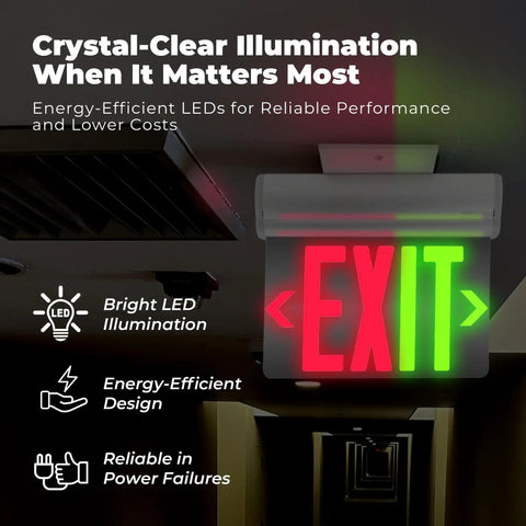 Edge-Lit Exit Sign With Selectable Red And Green LED in hallway, single-sided clear acrylic panel, aluminum housing visible