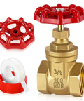 Brass 3/4 in NPT gate valve with red wheel handle; double-female threaded ends, includes PTFE thread tape.
