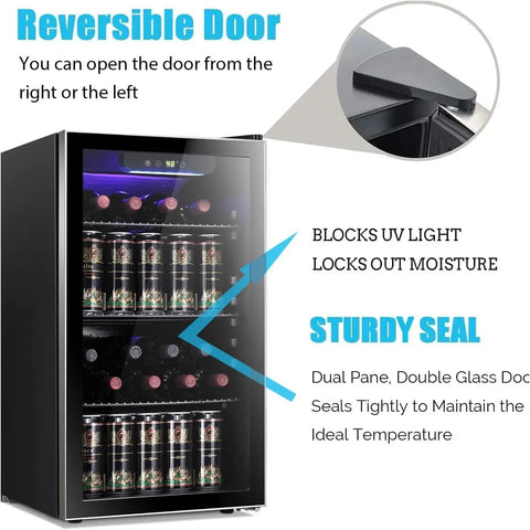 26 Bottle Wine Cooler And 130 Can Beverage Refrigerator With Clear Glass Door Quiet Compressor Adjustable Temperature Freestanding Indoor Bar Fridge 3.2 Cu Ft Black shown with reversible door and sturdy seal