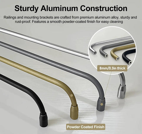Adjustable Shelf Guard Rails For Kitchen Bathroom And Closet Shelves, Durable Aluminum Round Tube Brackets In Black, 78cm Length.