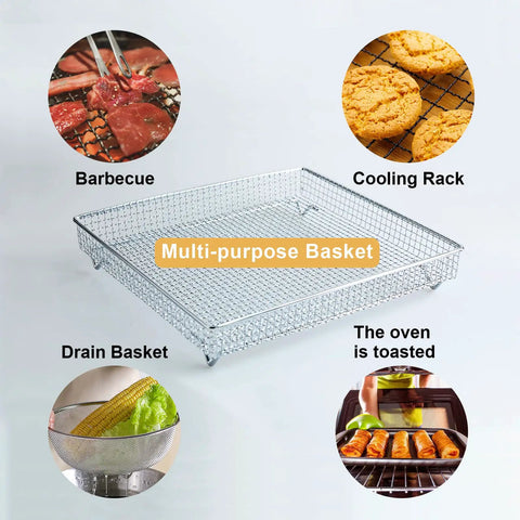 Stainless Steel Air Fryer Basket For TOA 60 65 Series, Food Grade Replacement Accessory, shown with multiple uses including cooking and baking.