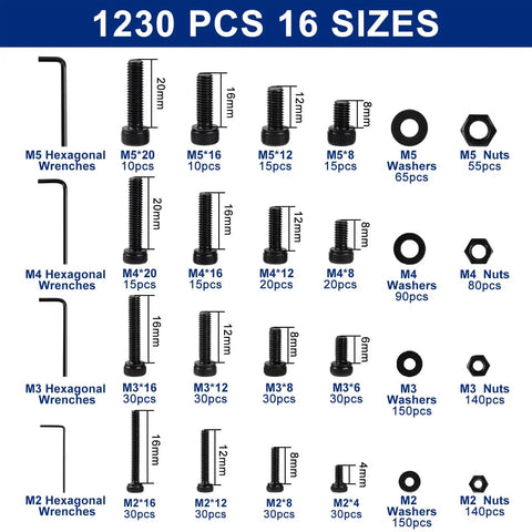 Image showing Premium Metric Screw Set 1230Pcs M2 M3 M4 M5 Kit with screws, nuts, washers, hex wrenches, 12.9 grade alloy steel.
