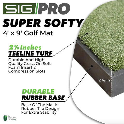 4x9 Golf Mat With 2 3/8 Inch Thick Construction, Game Ready Feel, Dual Stance Hitting Strip, XL Softy Zone, Rubber Tile Base