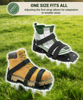 Easy Gripping Lawn Aerator Shoes With Dual Straps No Installation Required One Size Fits All on grass showing footwear attachment