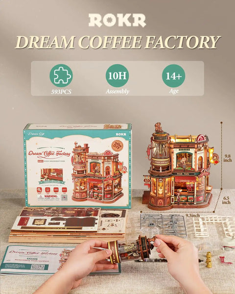 Moving Dream Coffee Factory Kit That Actually Runs A Tiny Miniature Coffee Plant Scene With Music Box And LED Lights No Glue Kinetic 3D Wood Puzzle For Adults A Totally Fun Modern Home Decor Gift For Women And Men, 593-piece wood kit