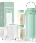 Totally Clutch Game Changer Portable Breast Milk Cooler With 360 Degree Chill Tech displaying a mint green case and vials with milk.