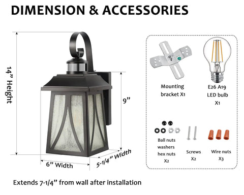 Motion Sensor Outdoor Wall Lantern With Dual Bright Modes For Entryway Porch Balcony Or Garage, E26 Filament LED Bulb Included, Oil Rubbed Bronze Finish, Weatherproof Outdoor Lighting