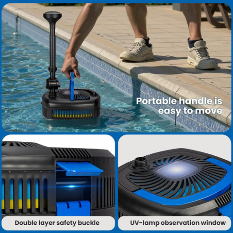 All In One Pond Filter Pump 950 GPH With UV C 13W 110V Inverter Fountain Kit in use by poolside, showing handle and features.