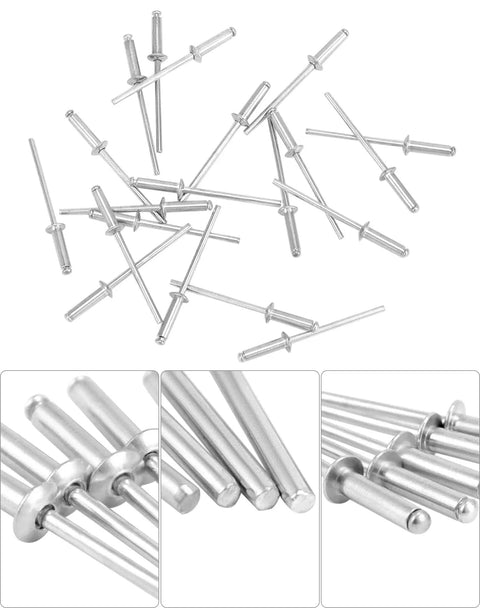 Aluminum Blind Rivet Kit Pack 500 Pieces Size One Eighth By Half Inch 3.2 By 12 Millimeter Silver Rivets Assortment