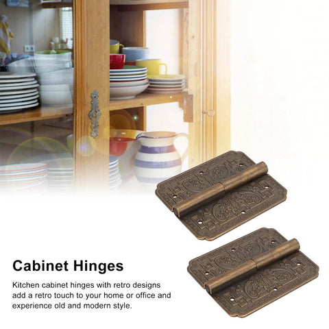 Antique Brass Butt Hinges for Cabinet Doors, Two Sets with 12 Nails, displayed beside a wooden cabinet with plates