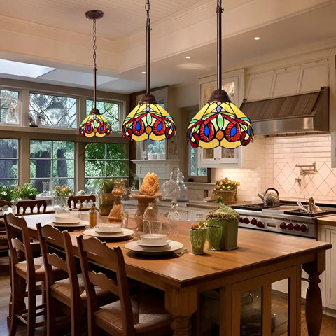 Victorian Style Stained Glass Pendant Light 8 Inch Cream Brown Hanging Lamp for Kitchen Island over wooden table