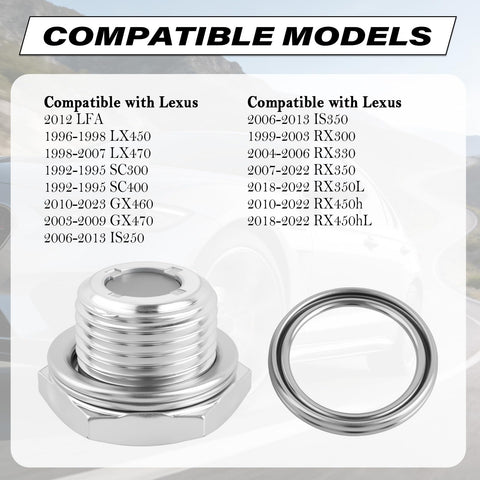 Rear Differential Drain Plug Kit With Two Washers Magnetic Drain Plug Replacement For OEM 90431 18057, compatibility list for Lexus models.